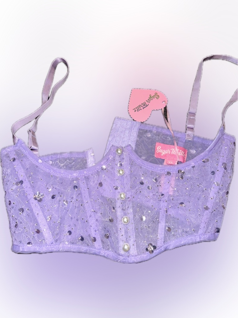 Sugar Thrillz Lilac Sequin Pearl Mesh Underbust corset